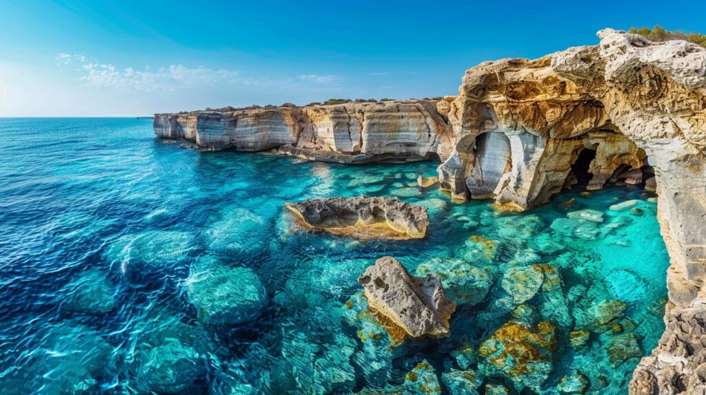 Blick auf die beeindruckenden Ayia Napa Sea Caves an einem sonnigen Tag, kristallklares Wasser umspült die felsige Küstenformation