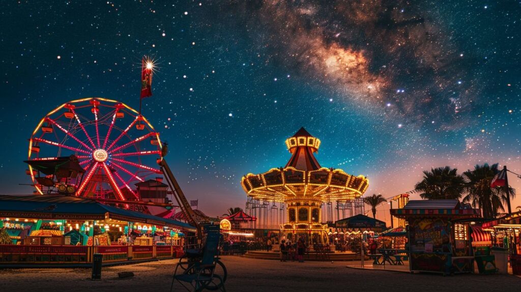 Karussell im Luna Park Ayia Napa bei Nacht mit bunten Lichtern