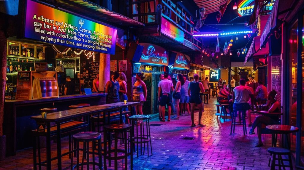 Gruppe von Freunden genießt eine lustige Nacht in der Gay Bar Ayia Napa, tanzen und lachen zusammen