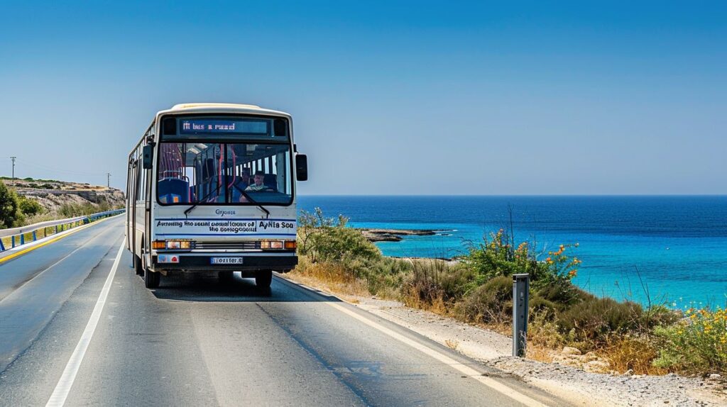 Bus von Ayia Napa nach Larnaca fährt auf einer sonnigen Straße, ideal für Reisende, die die Region erkunden möchten