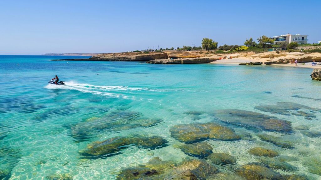 Person fährt Jet Ski in Ayia Napa bei Sonnenuntergang, Wasser spritzt umher