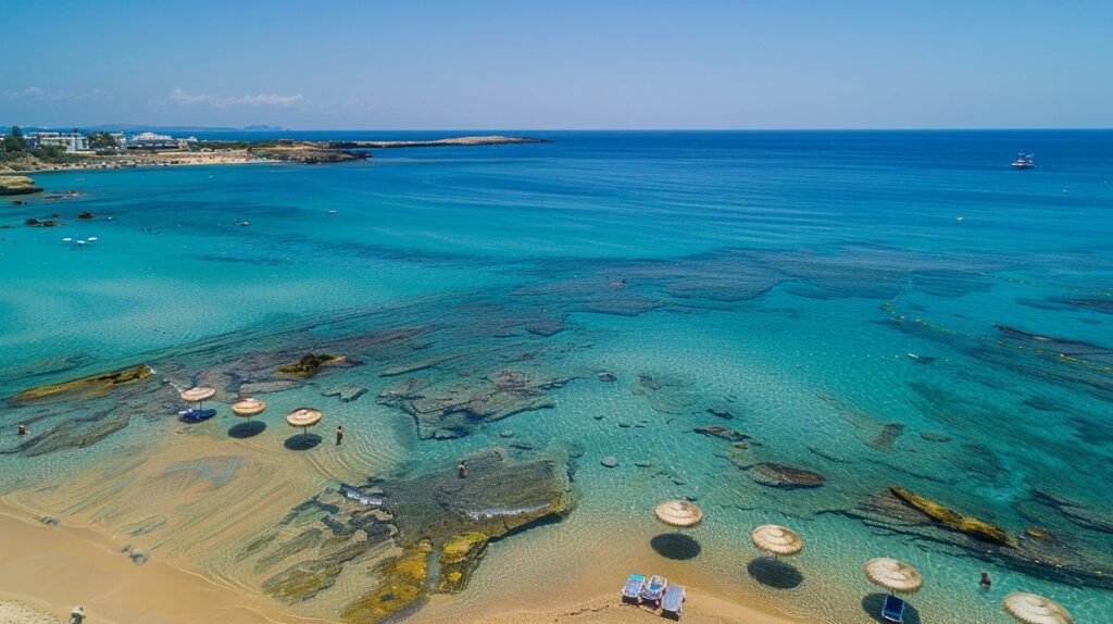 Blick auf den wunderschönen Ayia Napa Nissi Beach mit klarem blauem Wasser und sonnigem Himmel