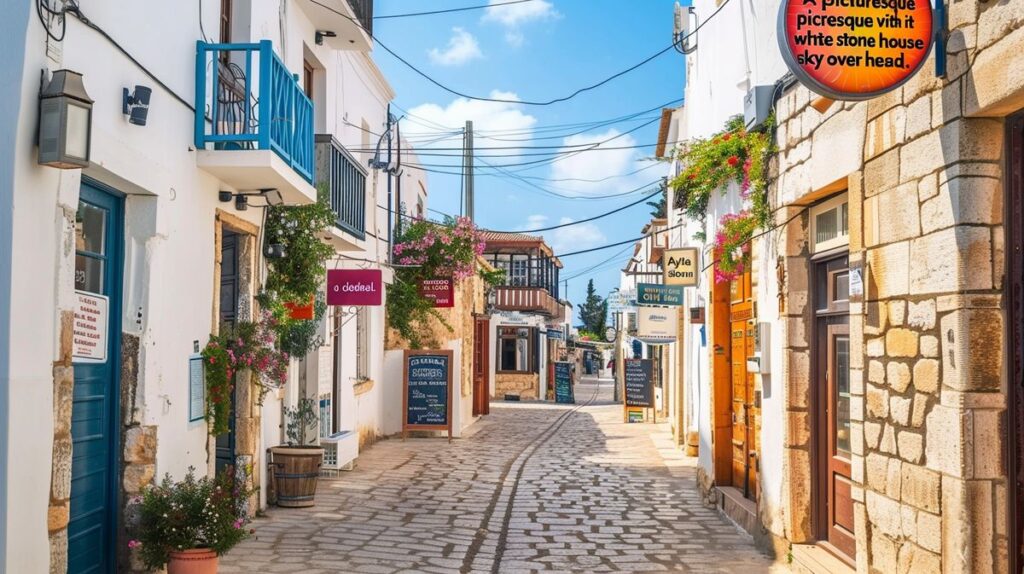 Blick auf die malerischen Straßen der Ayia Napa Old Town bei Sonnenuntergang