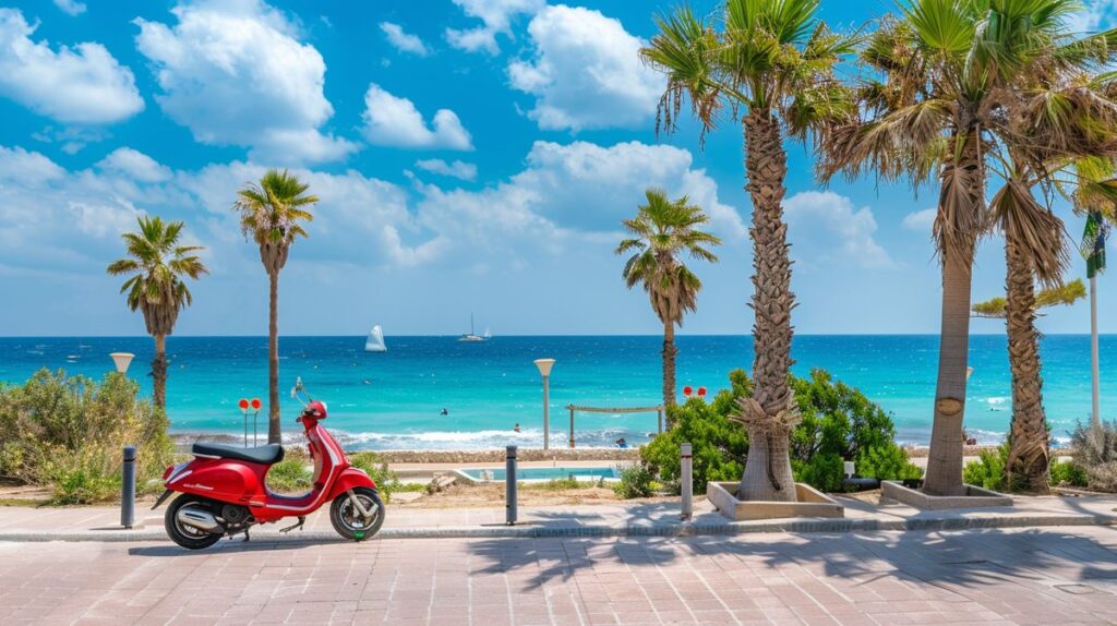 Roller zur Miete in Ayia Napa Scooter Rental, geparkt vor einem malerischen Strand