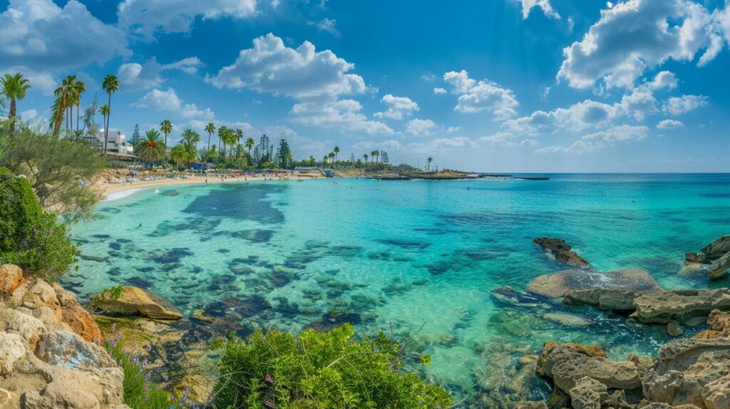 Die besten Strände in Ayia Napa, lebendige Küstenlandschaft mit klarem blauem Wasser und sonnigem Himmel