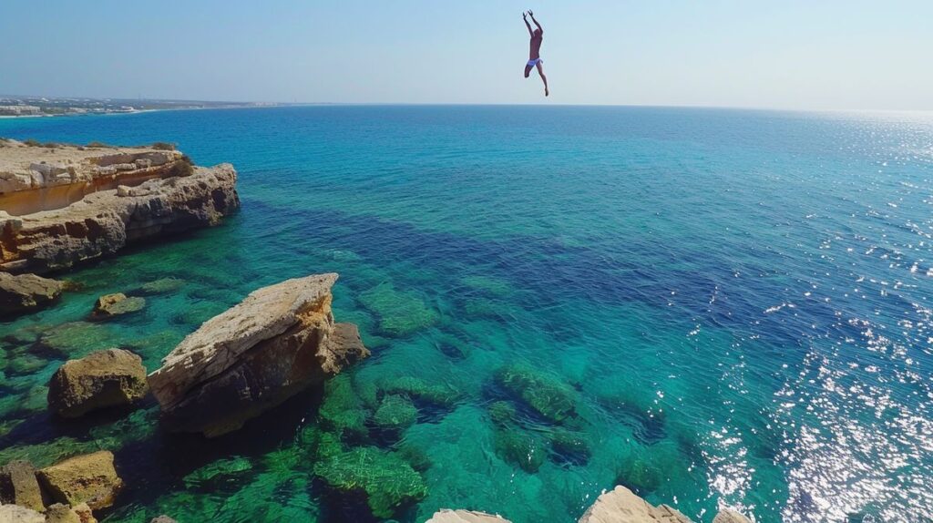 Junge Leute beim Cliff Jumping in Ayia Napa, Zypern, springen mutig von einer hohen Klippe ins klare blaue Meer