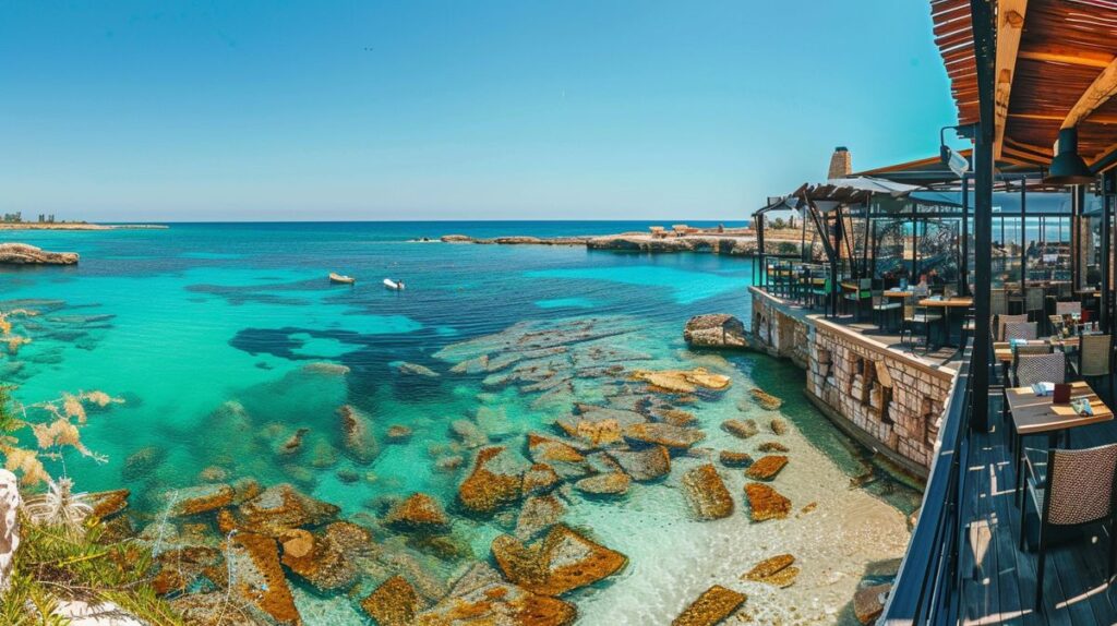 Blick auf das Meer von einem der besten Ayia Napa Restaurants mit Aussicht, perfekt für ein Abendessen bei Sonnenuntergang