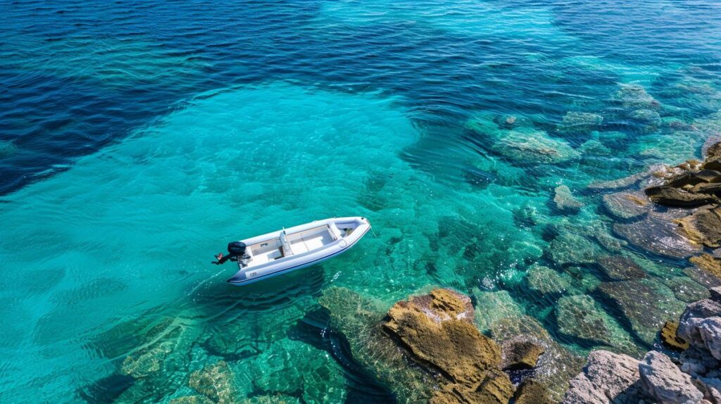 Self Drive Boat Hire Ayia Napa mit glücklichen Touristen an Bord, die die Küstenlandschaft genießen