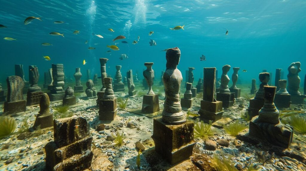 Unterwasserskulptur eines Gesichts im Musan Museum Of Underwater Sculpture Ayia Napa, künstlerisches Meeresumfeld