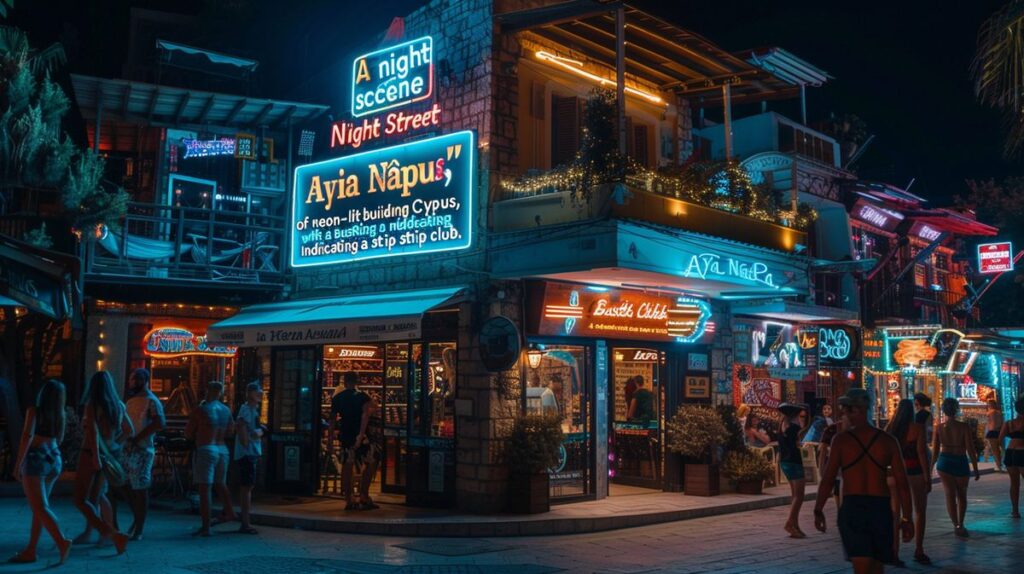 Besucher genießen eine aufregende Nacht im Ayia Napa Strip Club, beleuchtet durch farbenfrohe Lichter