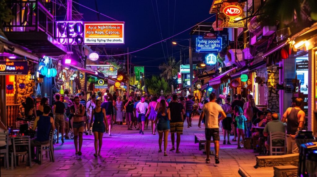 Lebhafte Ayia Napa Events mit tanzenden Menschen und bunten Lichtern bei Nacht