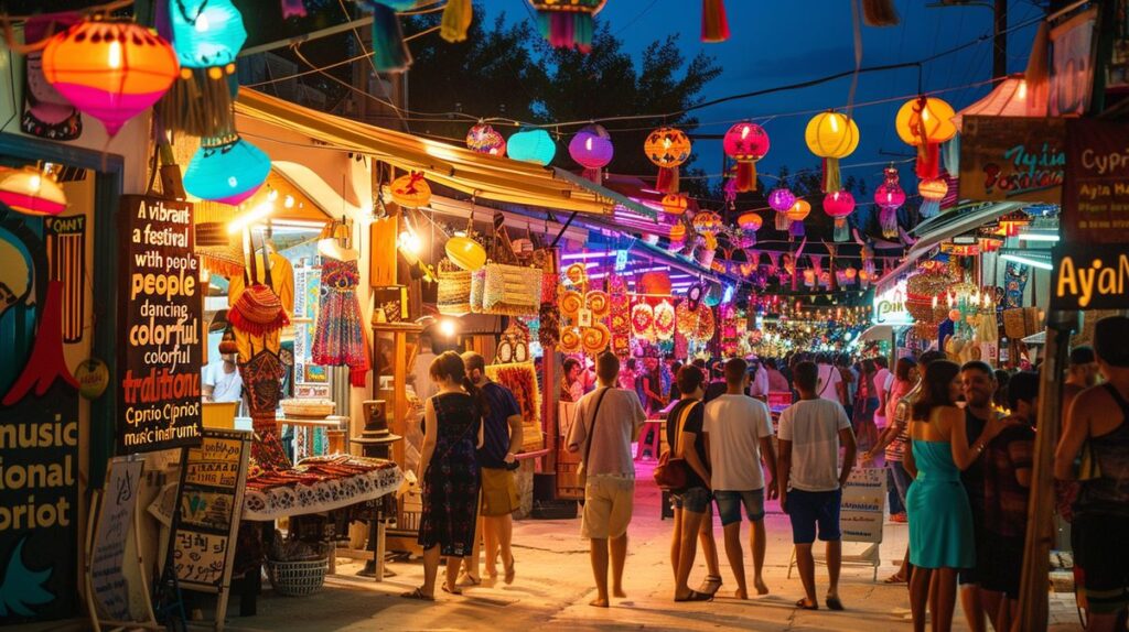 Bunte Darstellung des Ayia Napa Festivals mit traditionellen Tänzen und Kostümen in Zypern