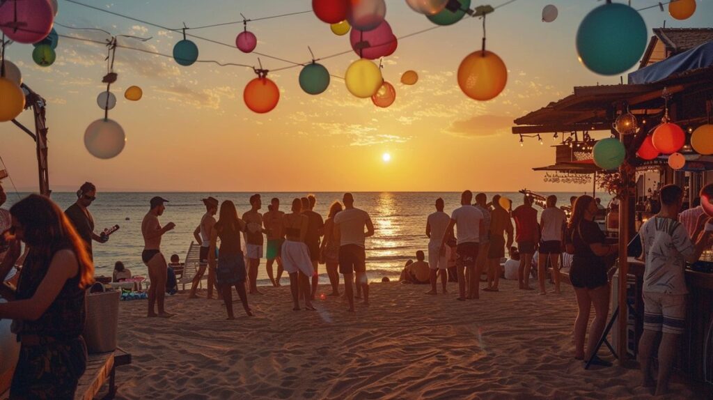 Junge Leute tanzen bei einer Beach Party Ayia Napa am Strand bei Sonnenuntergang