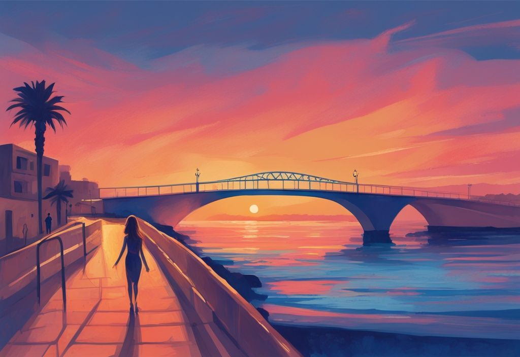 Modern digital painting of a couple holding hands on the Love Bridge Ayia Napa at sunset, with a blue color theme.