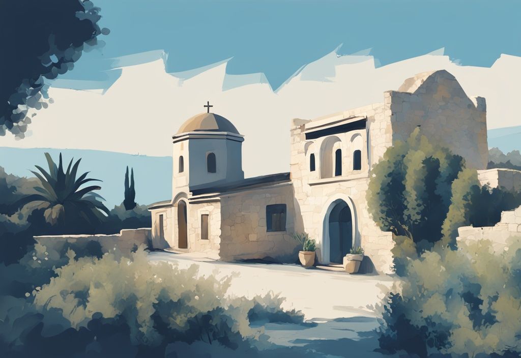 Modern digital painting of Ayia Napa Monastery with stone walls and lush garden under clear blue Cyprus sky