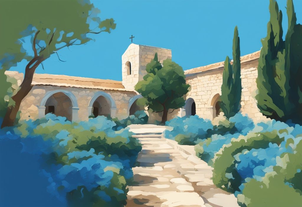 Modern digital painting of Ayia Napa Monastery with blue theme, stone walls, lush garden, and clear Cyprus sky.