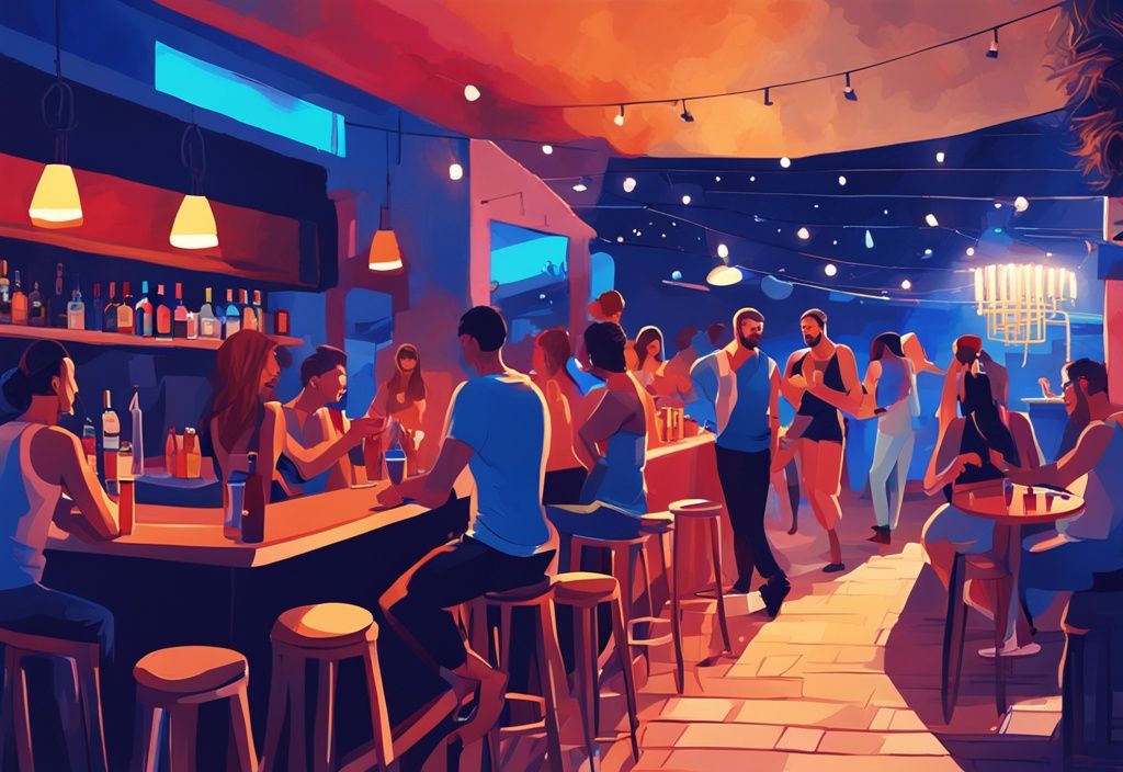 Lively night scene at one of the best Ayia Napa bars, featuring people enjoying drinks, music, and vibrant atmosphere in a modern digital painting with a blue color theme.