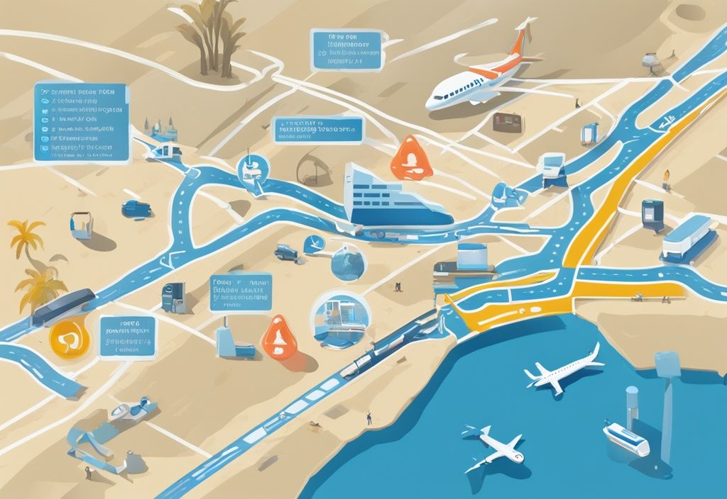 Modern digital painting of a map highlighting the route from Ayia Napa to Larnaca airport with bus, taxi, and car rental icons, blue color theme