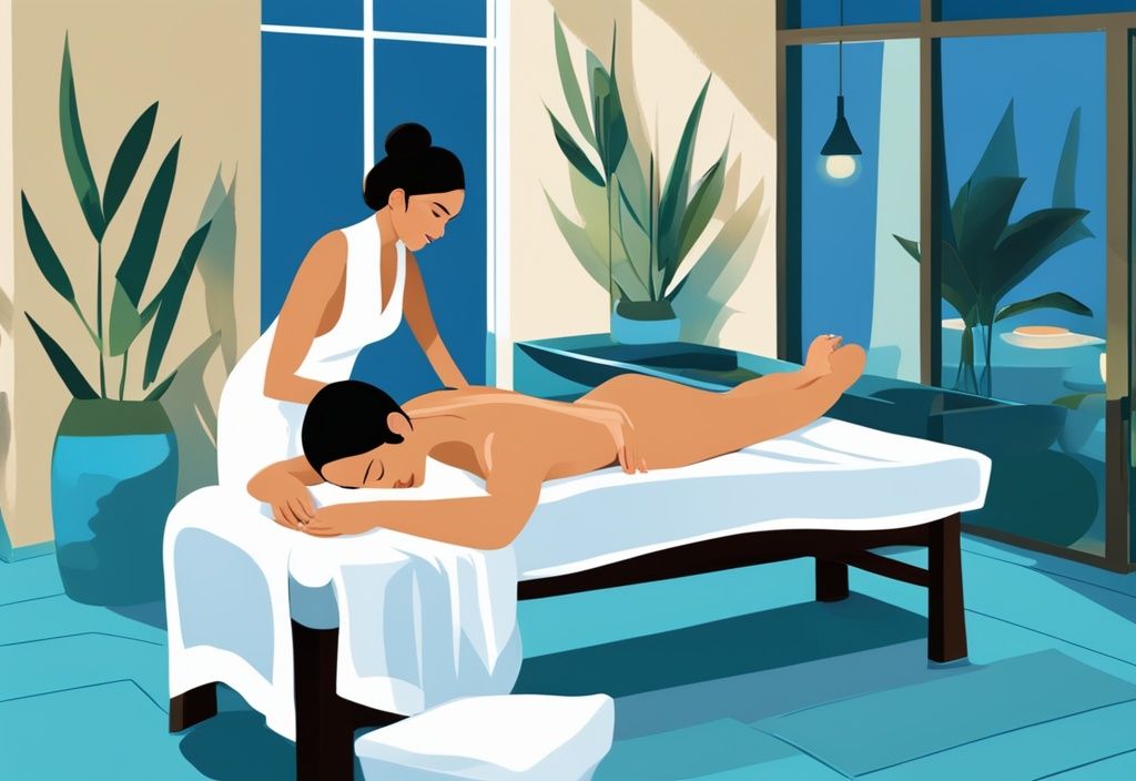 Best massage in Ayia Napa serene spa setting with professional masseuse and content client in modern digital painting illustration with blue theme.