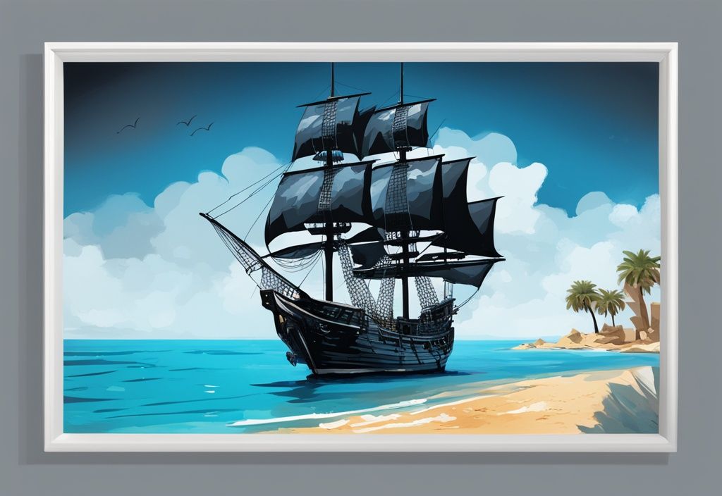 Modern digital painting of the Black Pearl pirate ship sailing in Ayia Napa's clear blue waters under a bright sky