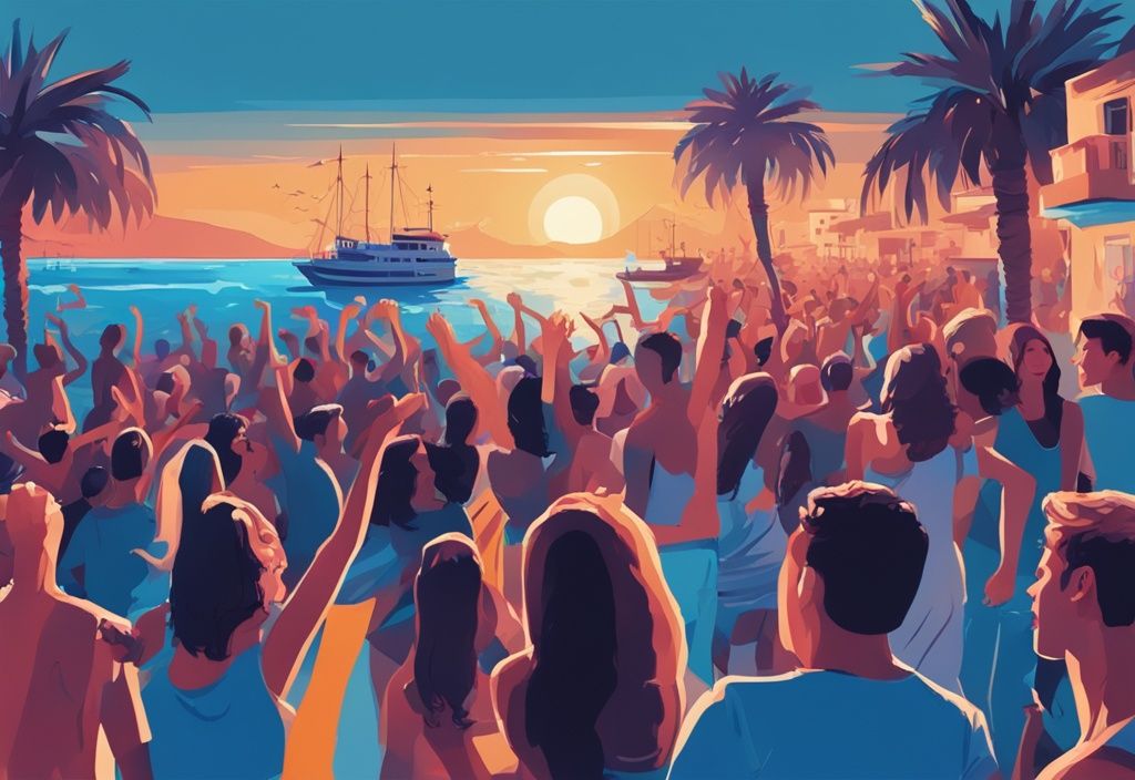 Modern digital painting of a vibrant crowd of young people dancing on a boat with Ayia Napa coastline in the background, main color theme blue