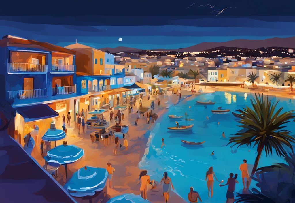 Modern digital painting of Ayia Napa nightlife, featuring blue-themed bars, clubs, beaches with tourists, and historic Ayia Napa monastery.