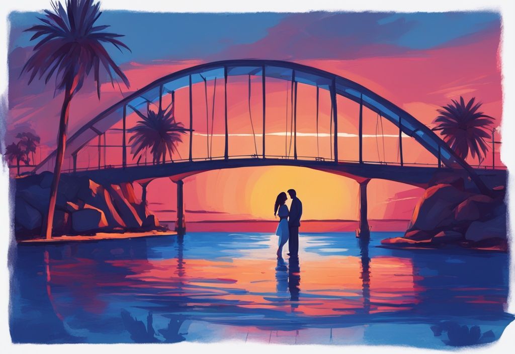 Modern digital painting of Love Bridge in Ayia Napa at sunset with couple symbolizing romance and love, blue color theme