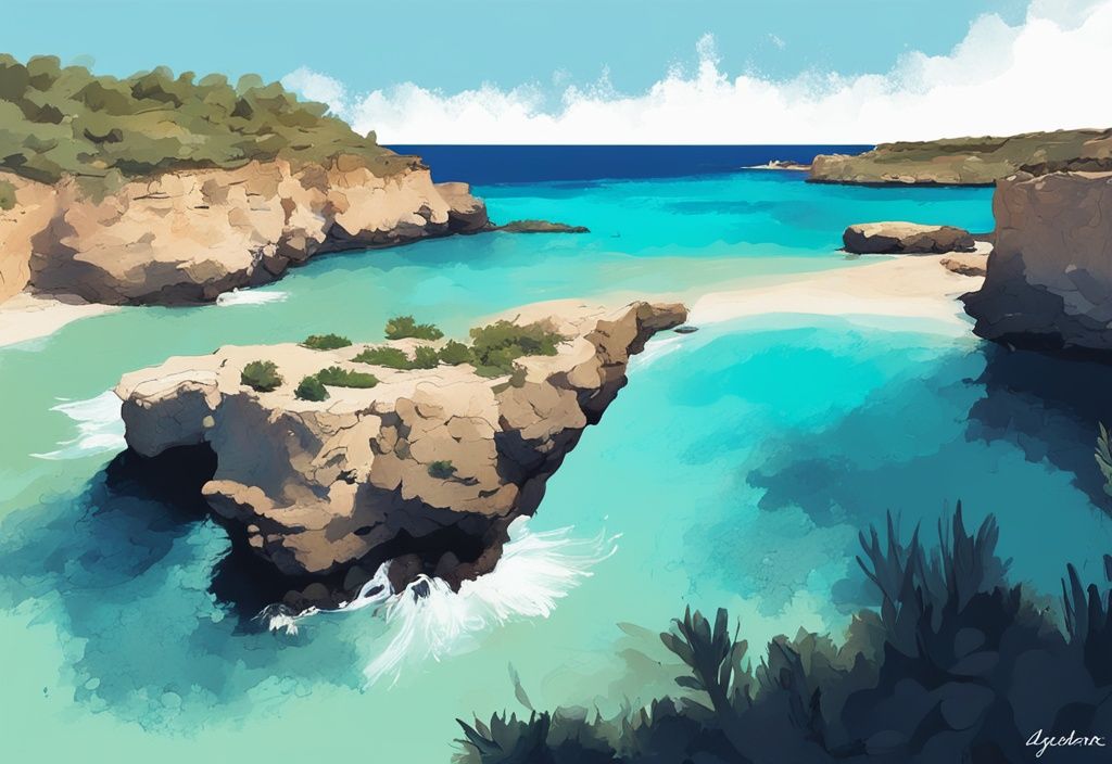 Modern digital painting of Blue Lagoon in Ayia Napa with azure waters, rugged cliffs, and lush greenery