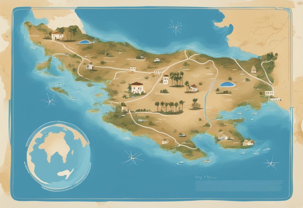 Modern digital painting of Cyprus map highlighting scenic route from Paphos to Ayia Napa with landmarks, blue color theme.