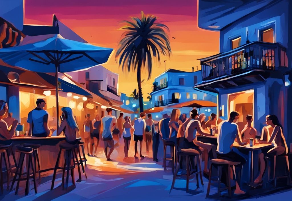 Ayia Napa nightlife illustration featuring vibrant bars, clubs, tourist-filled beaches, and historic monastery in blue color theme