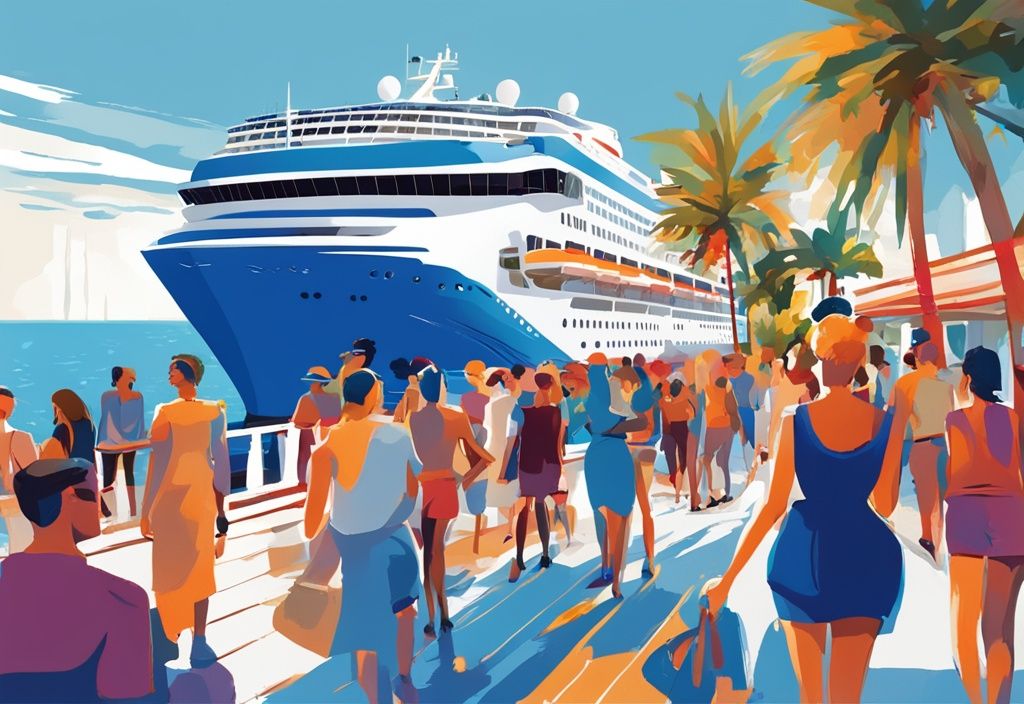 Modern digital painting of Ocean Queen cruise ship docked at Ayia Napa harbor with excited tourists on deck, Ocean Queen review Ayia Napa.