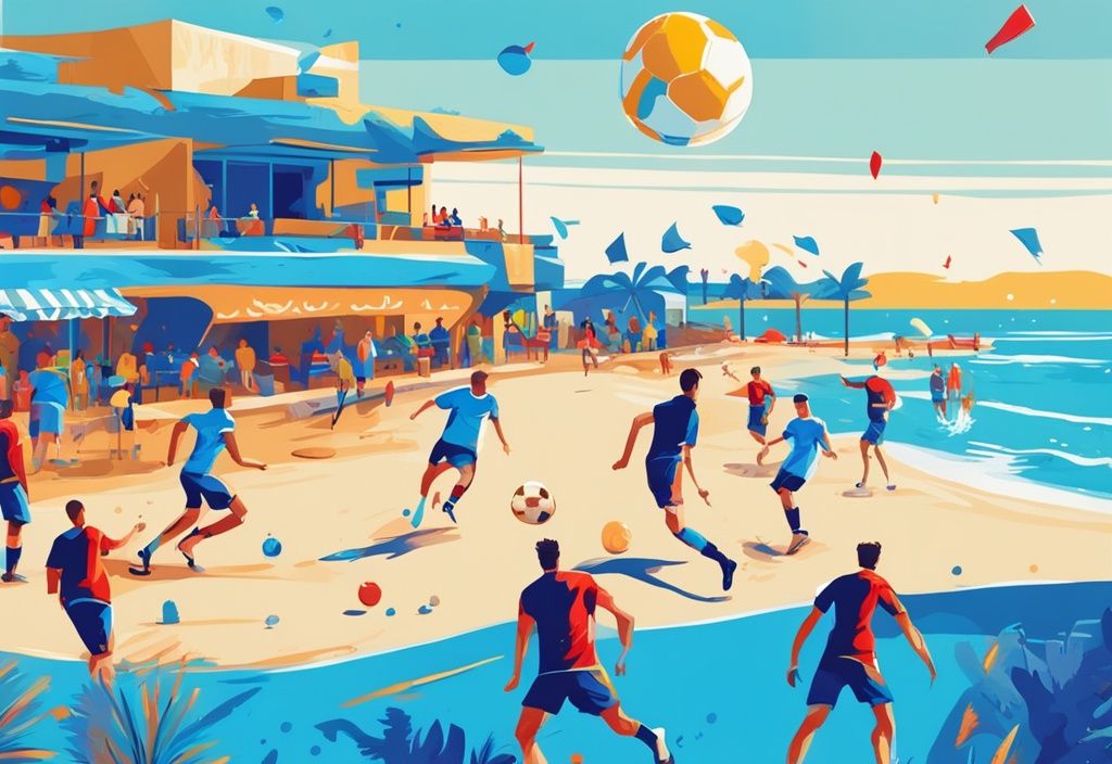 Modern digital painting of soccer players on a sunny Ayia Napa beach with blue color theme, iconic landmarks, and festive decorations in the background.