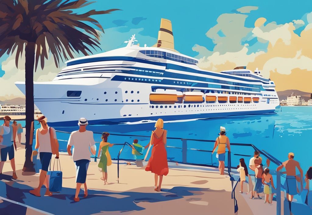 Modern digital painting of Ocean Queen cruise ship at Ayia Napa harbor with happy tourists disembarking.