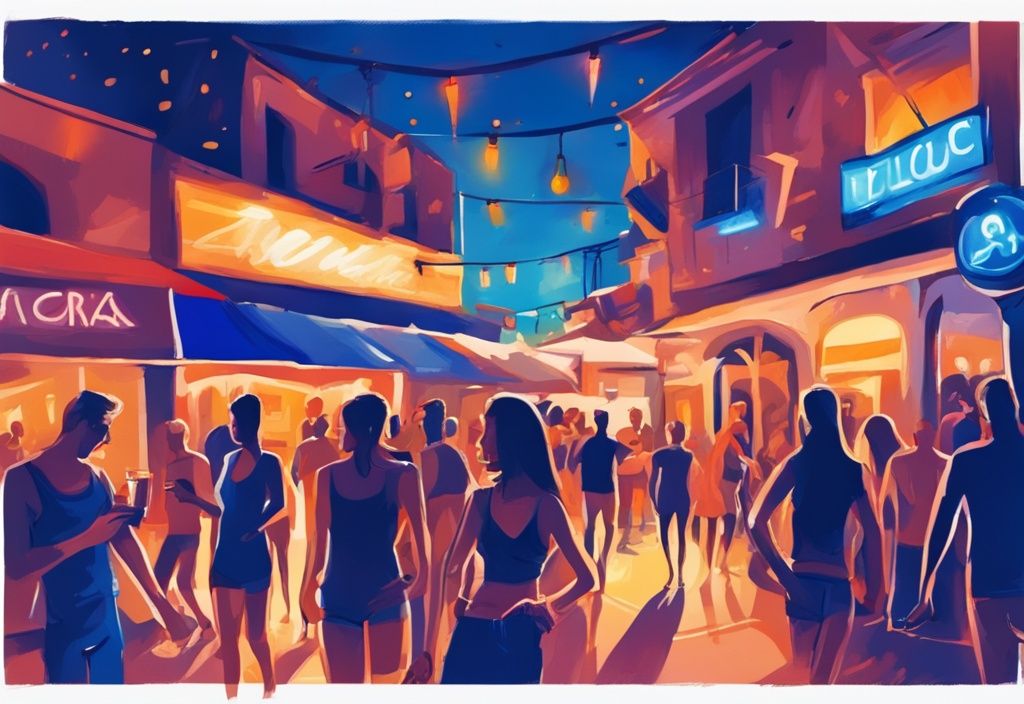 Vibrant nightlife scene in Ayia Napa with bustling street, popular bars, clubs, and happy tourists, modern digital painting, blue color theme.