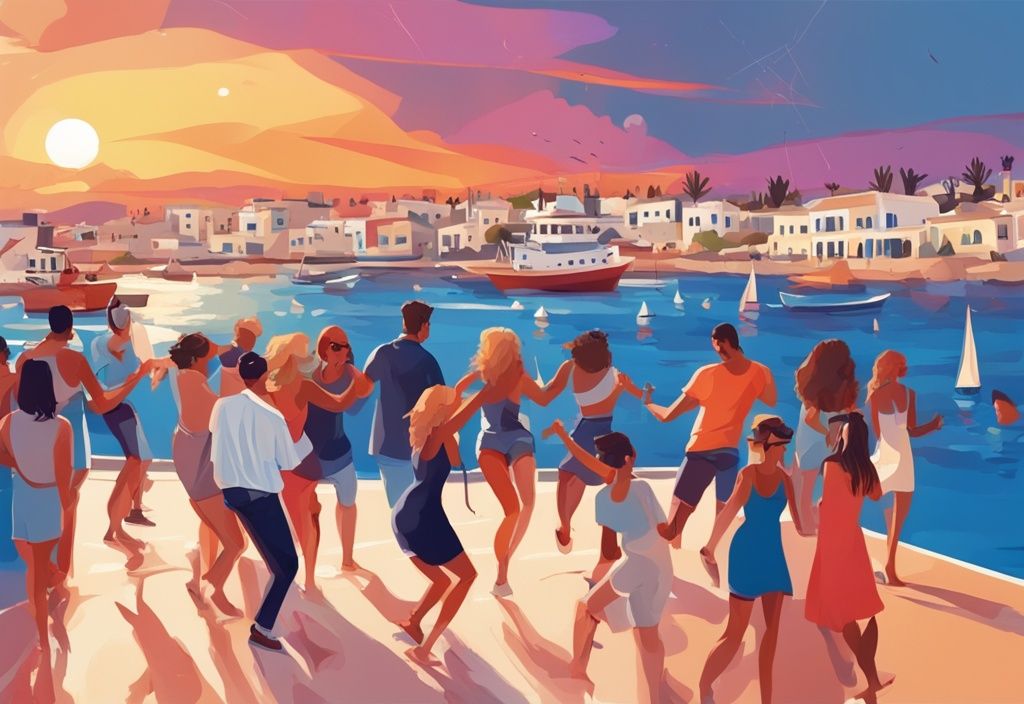 Vibrant crowd of young people dancing on a boat with Ayia Napa coastline in the background, modern digital painting, blue color theme.