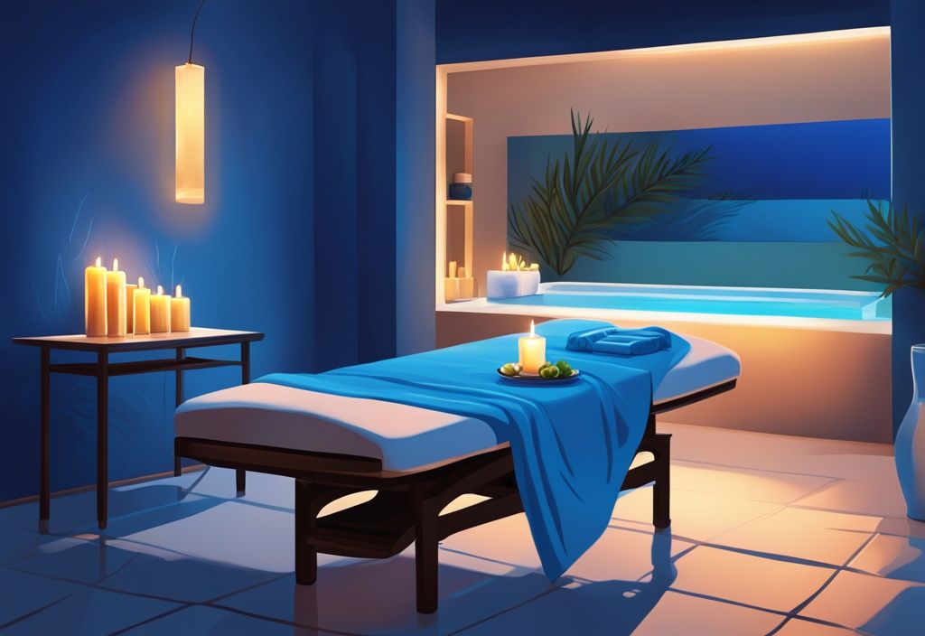 Serene spa setting in Ayia Napa with candle-lit massage table, essential oils, and towels, modern digital painting, blue theme