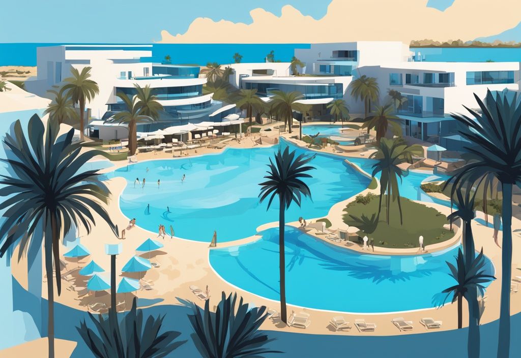 Modern digital painting of Olympic Lagoon Resort Ayia Napa with blue theme, luxurious pools, tropical palm trees, and beachfront location.