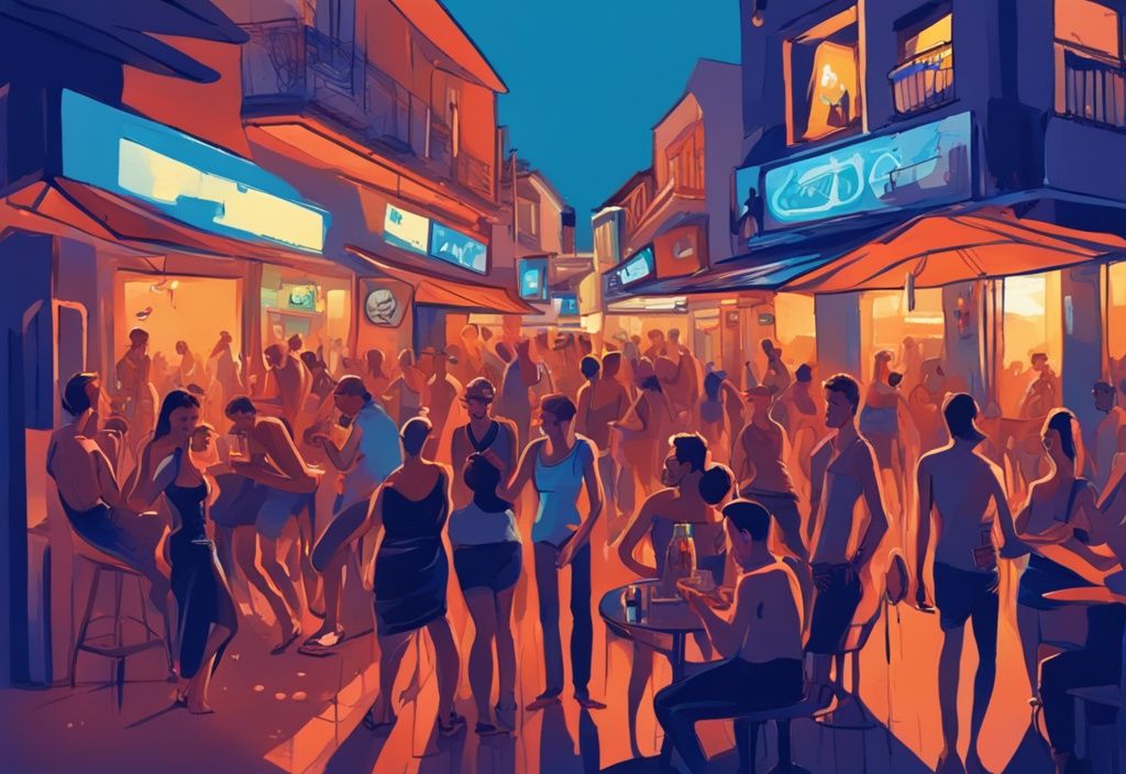 Modern digital painting of Ayia Napa nightlife, bustling street with popular bars and happy tourists, vibrant blue color theme.