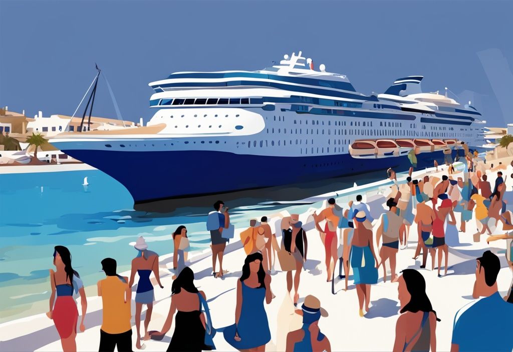 Modern digital painting of Ocean Queen cruise ship at Ayia Napa harbor with happy tourists disembarking.