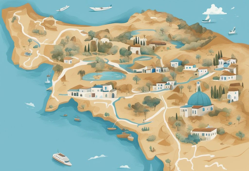 Modern digital painting of Cyprus map highlighting scenic route from Paphos to Ayia Napa with notable landmarks, blue color theme.