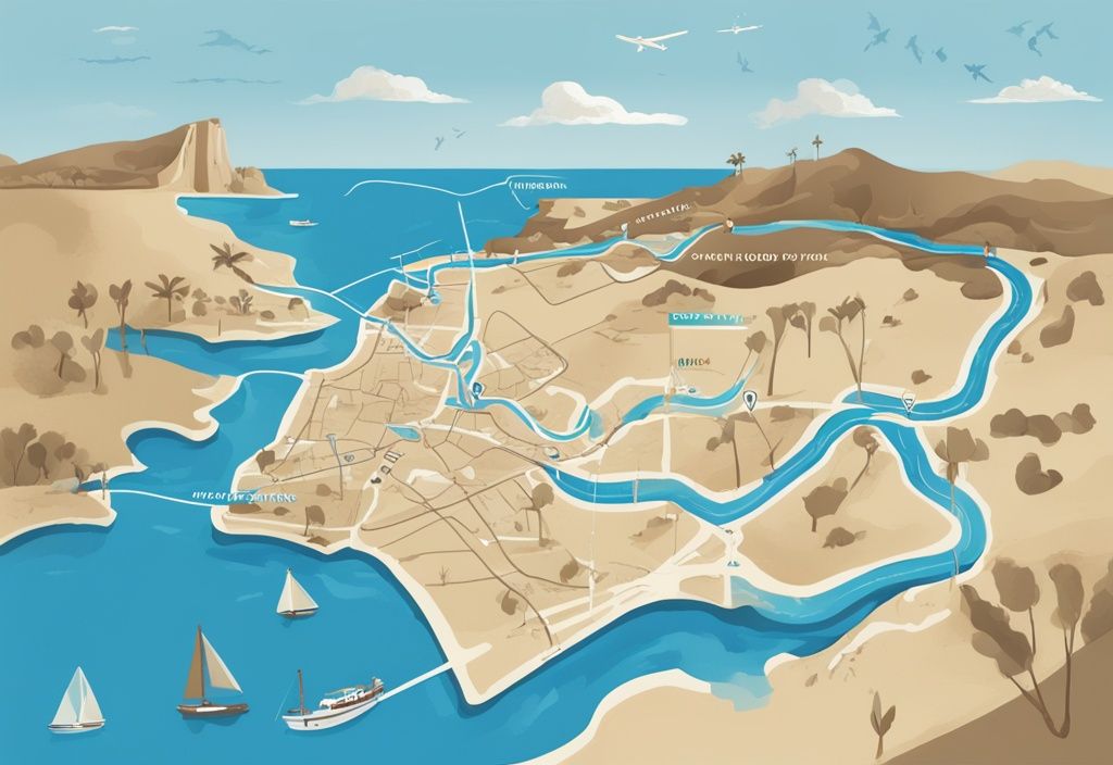 Modern digital painting illustrating how to get from Paphos to Ayia Napa, featuring scenic route map, landmarks, and transportation options in blue tones.