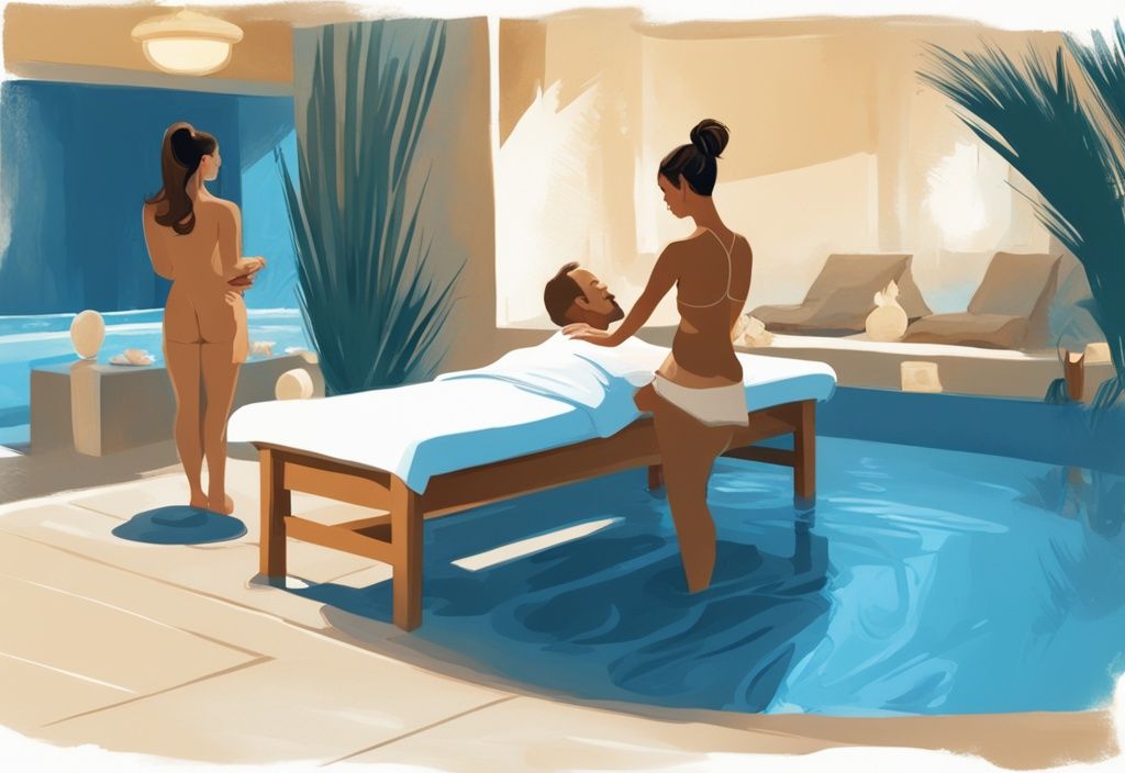 Modern digital painting of a tranquil spa in Ayia Napa, blue theme, professional masseuse giving a relaxing massage to a satisfied customer