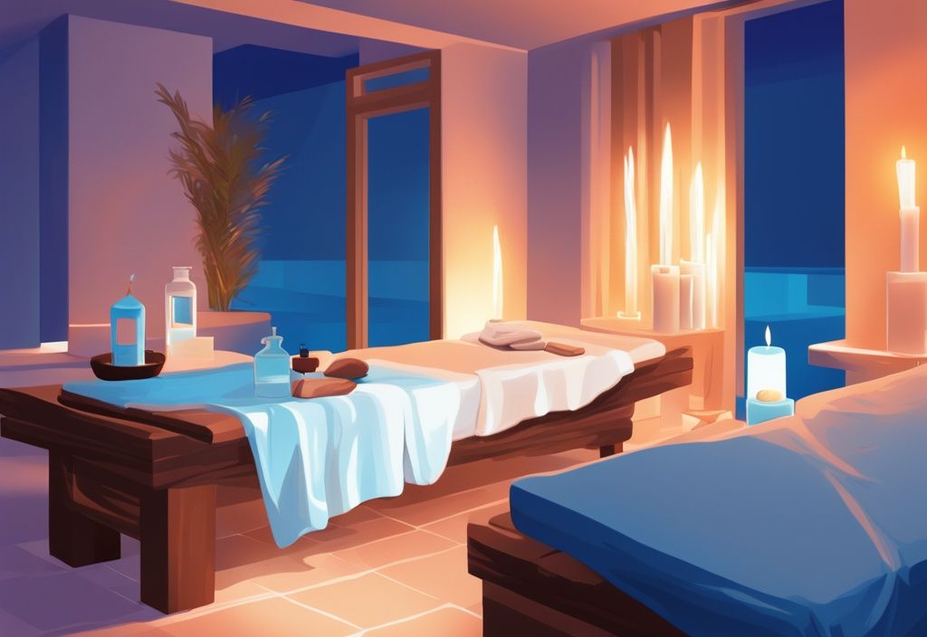 Serene spa setting in Ayia Napa with candle-lit massage table, essential oils, and towels in a modern digital painting illustration with blue theme