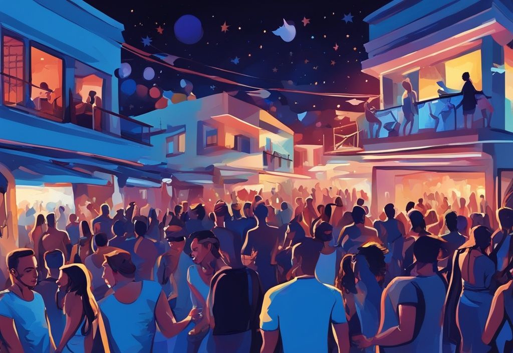 Modern digital painting of vibrant nightlife scene with crowd outside one of the best clubs in Ayia Napa under a starlit sky.