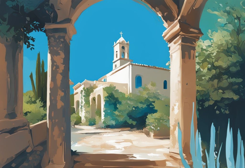 Modern digital painting of Ayia Napa Monastery surrounded by lush greenery under a clear blue sky.