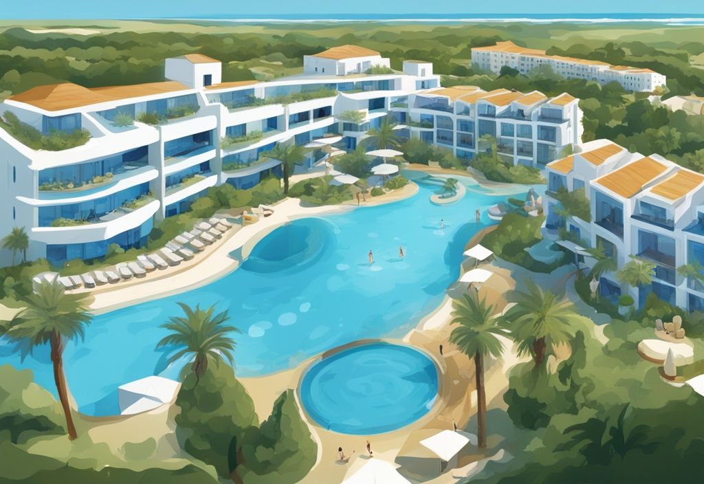 Modern digital painting of Olympic Lagoon Resort Ayia Napa, featuring lush greenery, stunning pools, and luxurious accommodations under a clear blue sky.