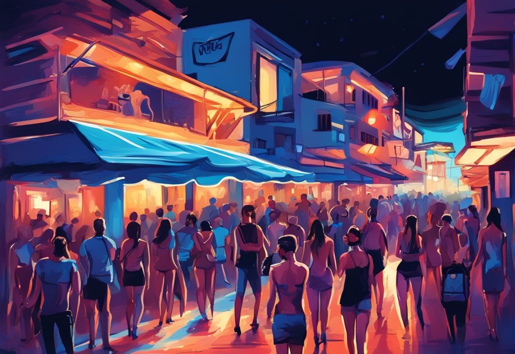 Modern digital painting of Ayia Napa nightlife with neon-lit bars, clubs, and tourists in vibrant blue theme