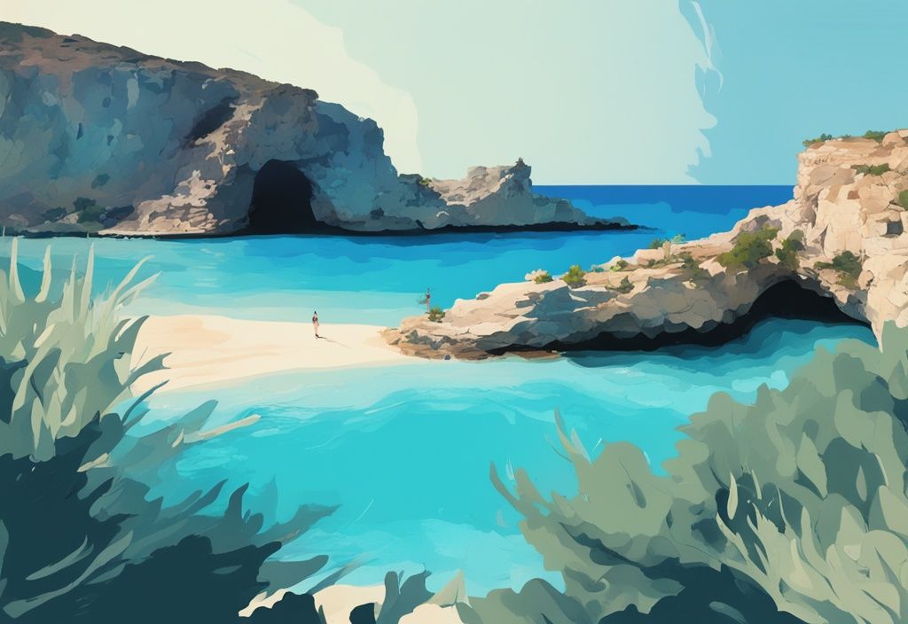 Modern digital painting of Blue Lagoon in Ayia Napa with azure waters, rugged cliffs, and lush greenery.