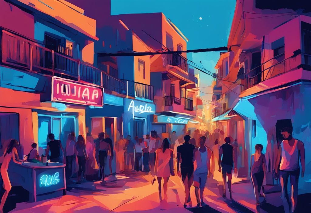 Modern digital painting of Ayia Napa strip called Nissi Avenue, vibrant street with neon-lit bars, clubs, and restaurants, blue color theme.