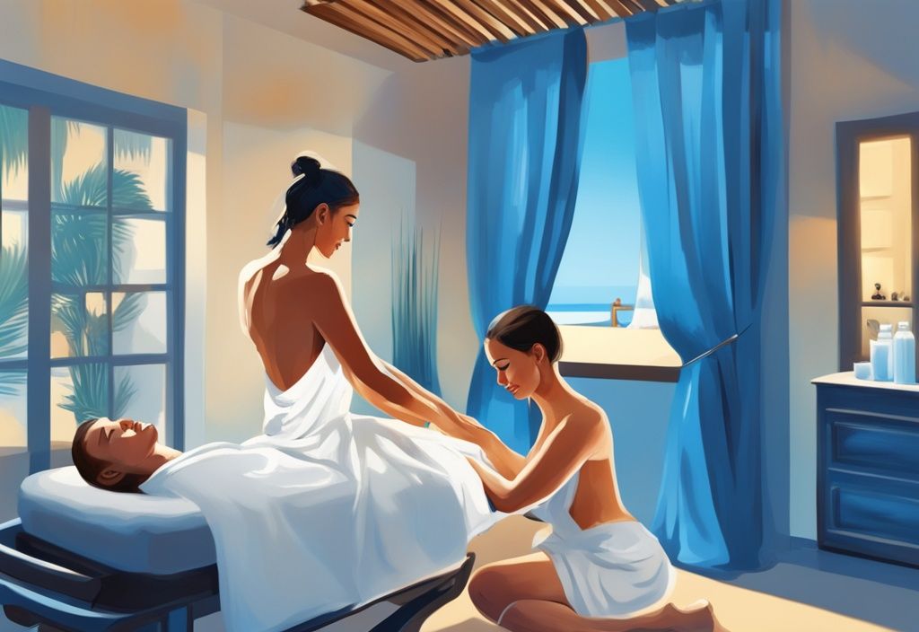 Modern digital painting of a tranquil spa in Ayia Napa with a professional masseuse giving a relaxing massage to a satisfied customer, main color theme blue